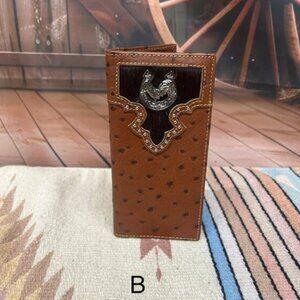 Full Quill Ostrich Print Leather Checkbook Wallet with Rooster Concho